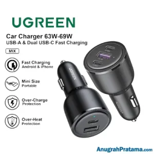 UGREEN Car Charger Mobil USB A +Type C PD QC 3.0 Fast Charging