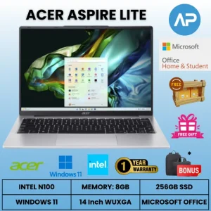 ACER Aspire Lite (Intel N100, 8GB, 256GB SSD, Win 11 + OHS, 14 Inch, Silver) Laptop – AL14-31P-C3MH