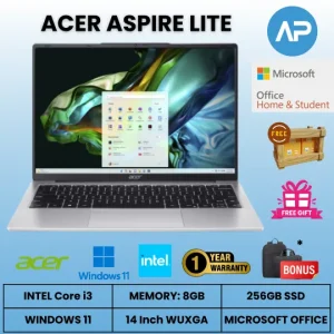 ACER Aspire Lite (Core i3-1215U, 8GB, 256GB SSD, Win 11 + OHS, 14 Inch, Silver) Laptop – AL14-51M-31Y7